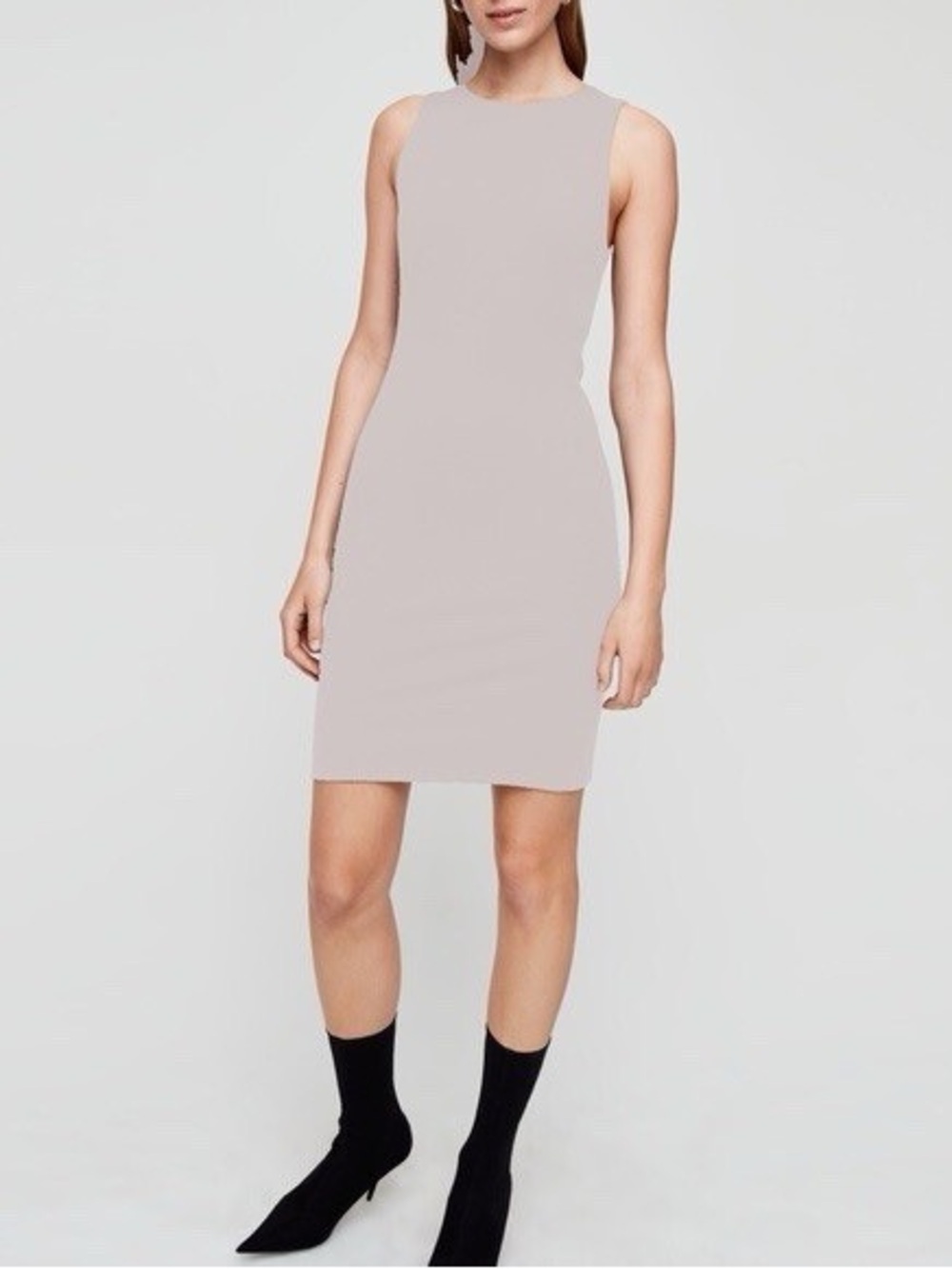 Babaton| Aritzia| Miguel Light Taupe Sleeveless Crewneck Sheath Mini Dress Sz 4